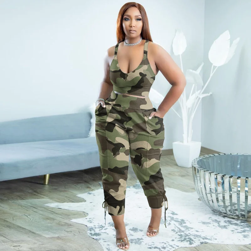 

WUHE Camouflage Print Workout Women Two 2 Piece Set Outfit Sweatsuit 2022 Tank and Eyelet Hem Pants Matching Set Tracksuit