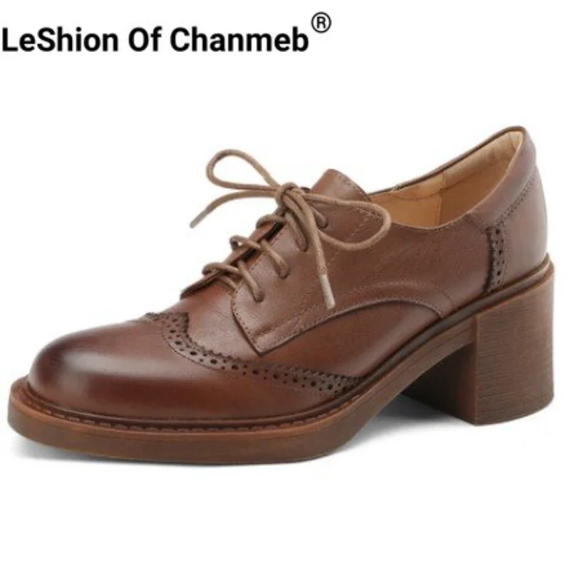 

LeShion Of Chanmeb Women Genuine Leather Brogue Shoes Carved Hollow Out Thick High-heels Pumps Lace-up Derby Ladies Heeled Pumps