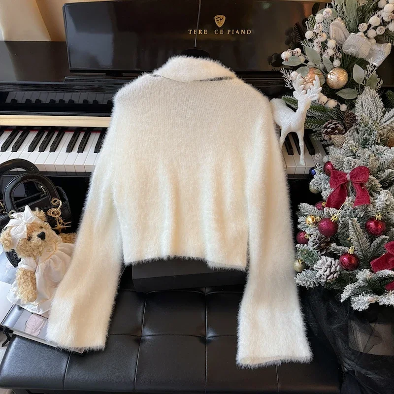 Bomon 2024 осенне-зимний французский нежный свитер с круглым вырезом и длинными