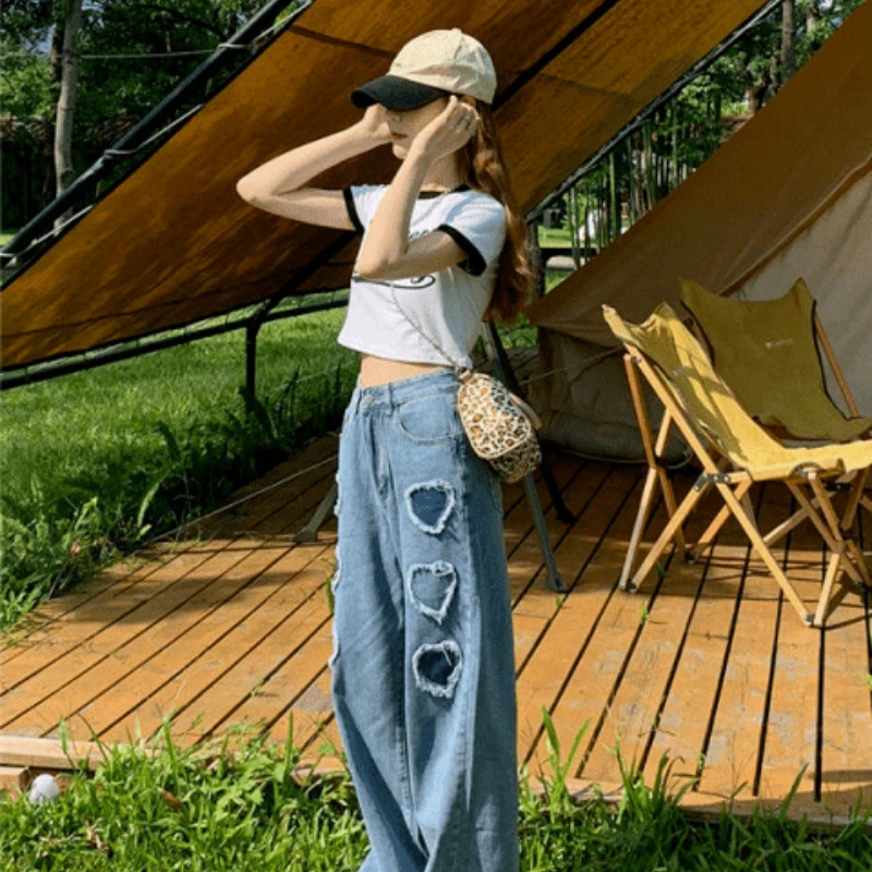 Fat Plus Size Blue Pants Women Are Thin and Loose Love Wide-leg Trousers Heart-shaped Peach Heart High Waist Straight Jeans