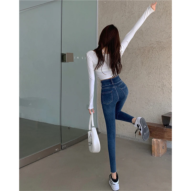 

ILARES Streetwear Female Clothing Korean Fashion Black Jeans Woman High Waist Y2k Casual Pants Vintage Clothes Women's Mom Blue