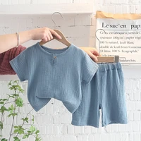 korean childrens clothing new short sleeved t shirt childrens suit 2022 infant cotton and linen japanese two piece set
