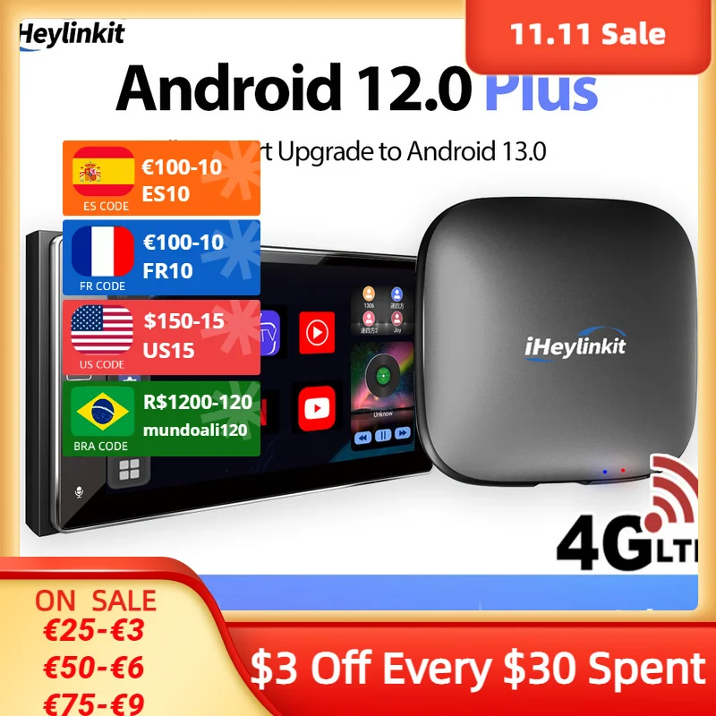 

iHeylinkit Android 12.0 Wireless Carplay Ai Box Qualcomm Snapdragon 6115 662 Wireless Android Auto 8-Core 8+28 For Benz Audi VW