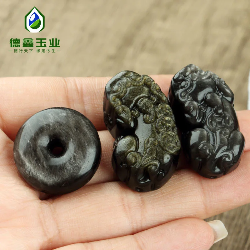 Натуральный обсидиан три браслета Pi Xiu серебряный камень аксессуары для