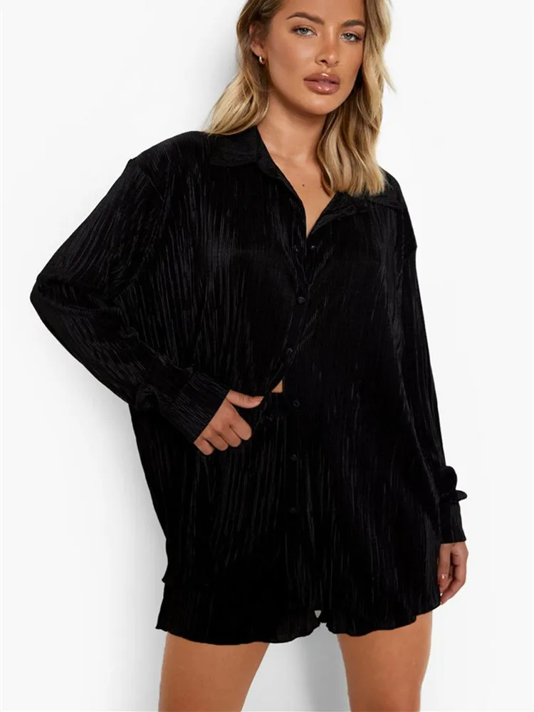 

hirigin Women 2 Piece Pleated Pants Set Long Sleeve Button Down Shirt Blouse Top Wide Leg Pants Outfits Y2K Fashion Streetwear