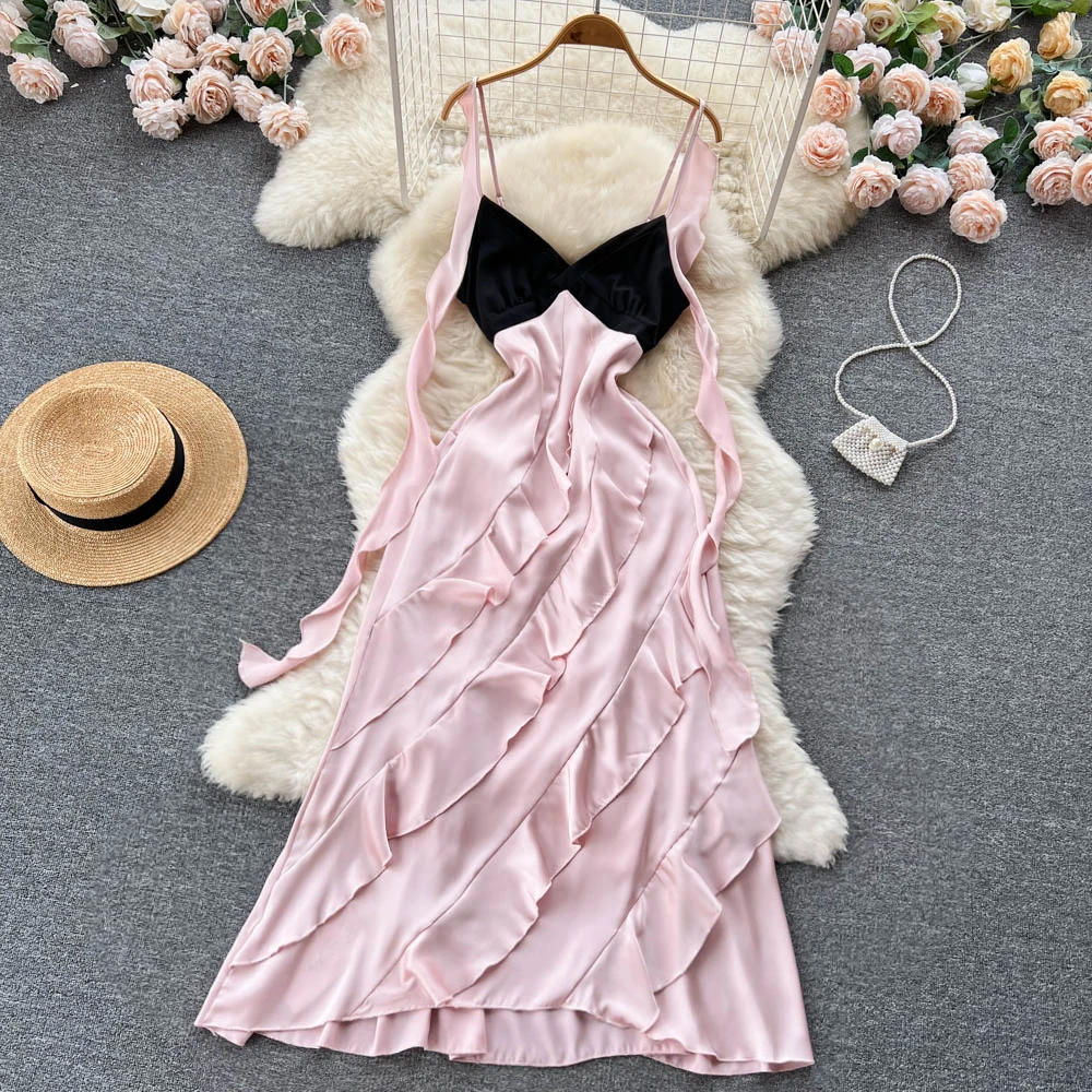 

Elegant Sexy Off Shoulder Ruffle Patchwork Slip Dress Fairy A-line Vacation Vestidos Slim Women Evening Party Dress
