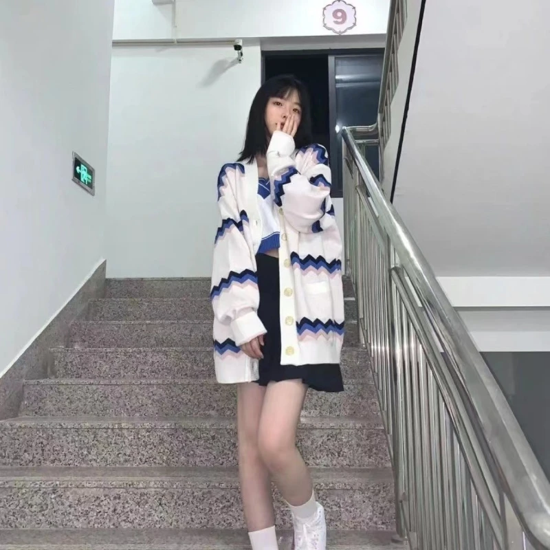 

New Vintage Loose Striped Knitted Sweater Cardigan Women's 2023 Autumn Winter Long Sleeved Korean Top Women Clothing Jumpers