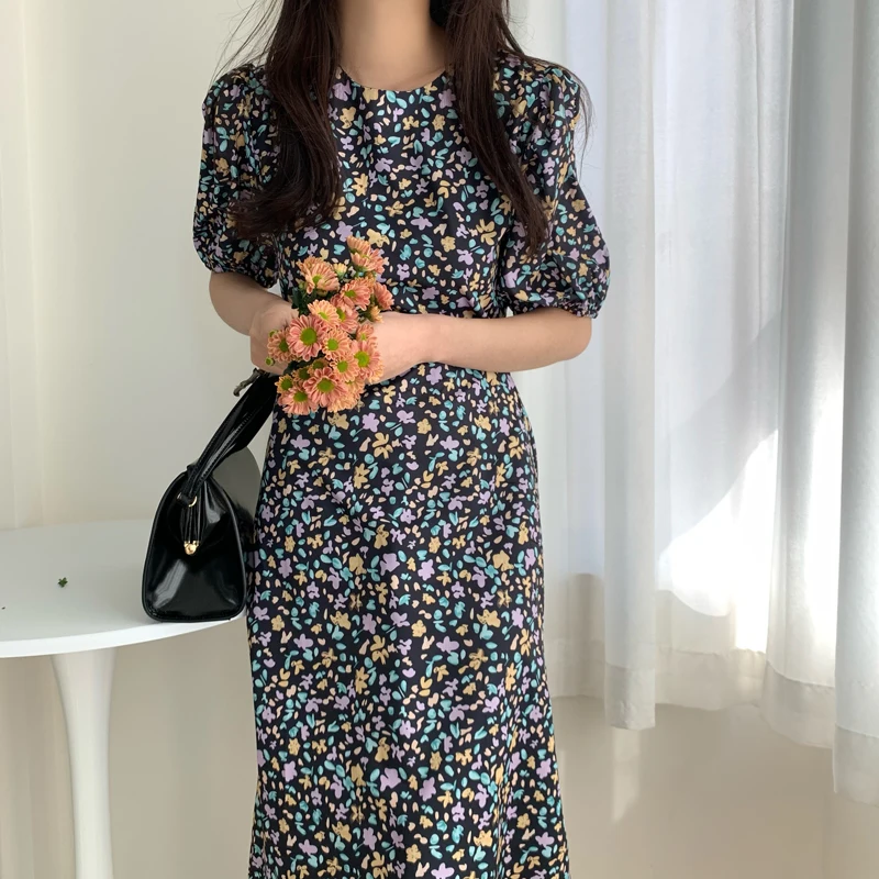 

2022 Summer New Gentle Temperament Age-reducing Color Chiffon Floral Puff Sleeve Lace-up Slimming Dress
