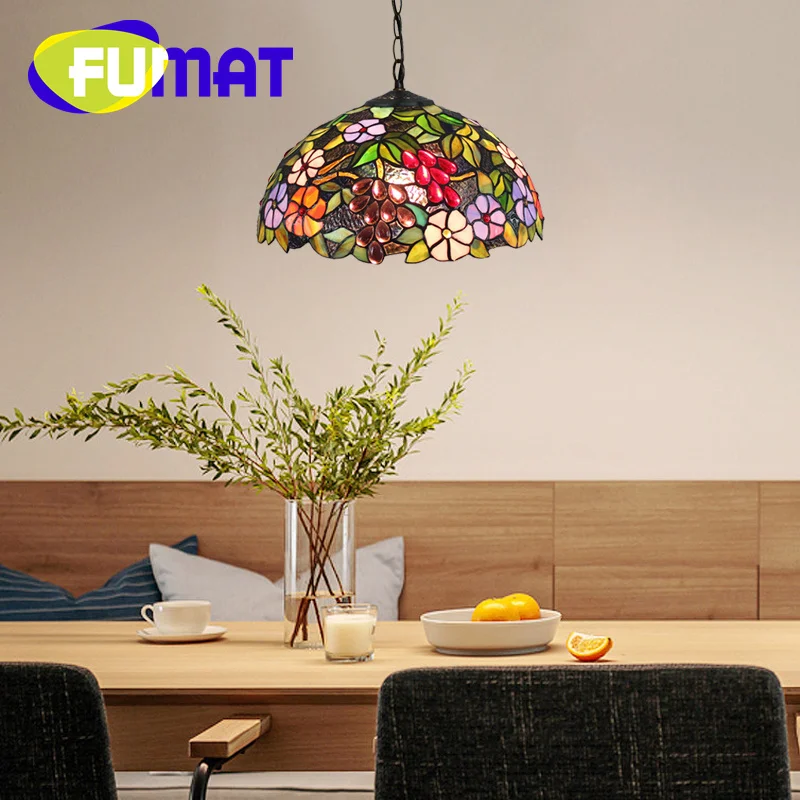 

FUMAT Tiffany Pastoral style stained glass pendant light art Deco living room Dining room Study Hall grape flower chandelier