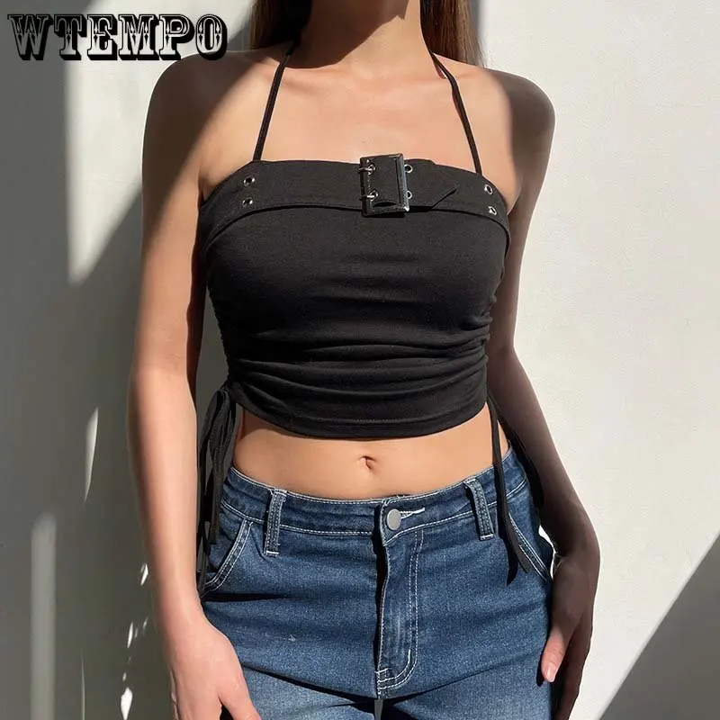 

Pleated Bandage Exposed Navel Hanging Neck Cami Women Sexy Vest Black Cropped Top Metal Buckle Slim Hotsweet FashionGothic Tank
