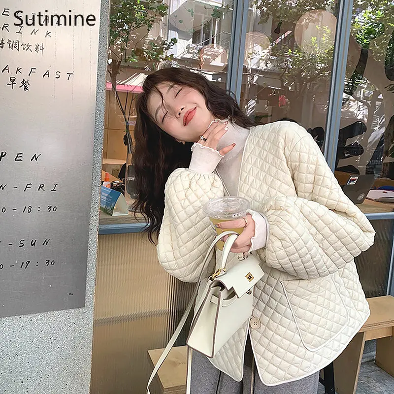 Autumn and Winter Clothes Women Cream Puff Rhombic Shape Coat Women Office Lady Button Pockets Loose Winter Coat Women