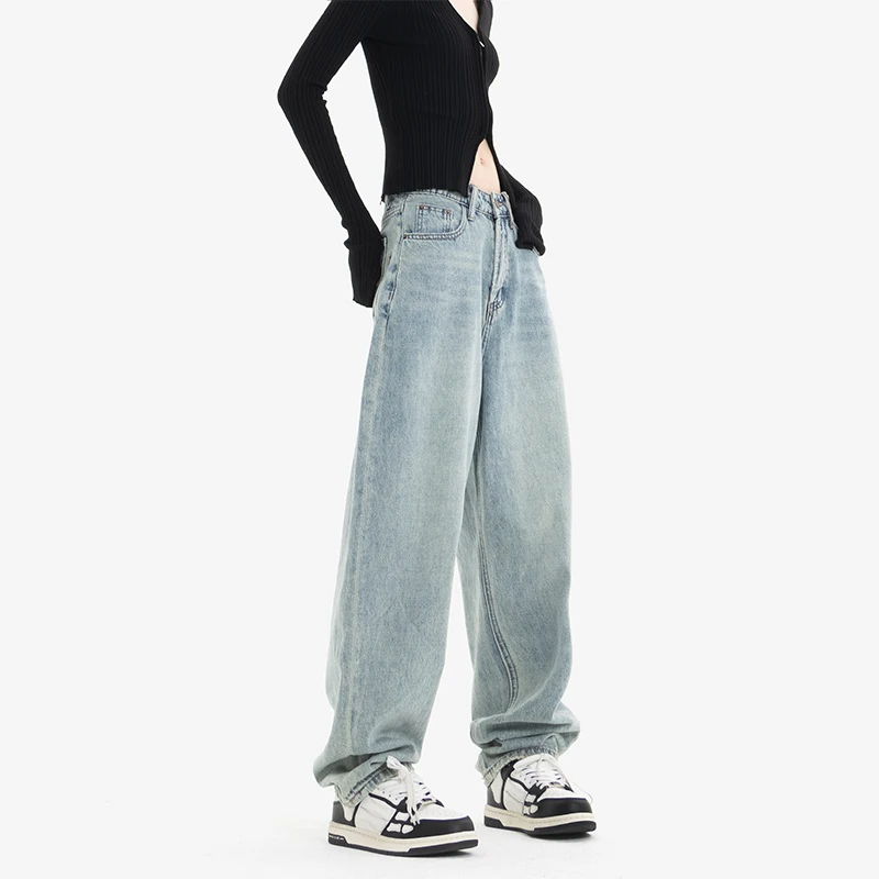 Light-Colored Jeans Spring and Autumn New Straight Wide-Leg Pants Washed-out Vintage Distressed Loose-Fitting Mopping Pants