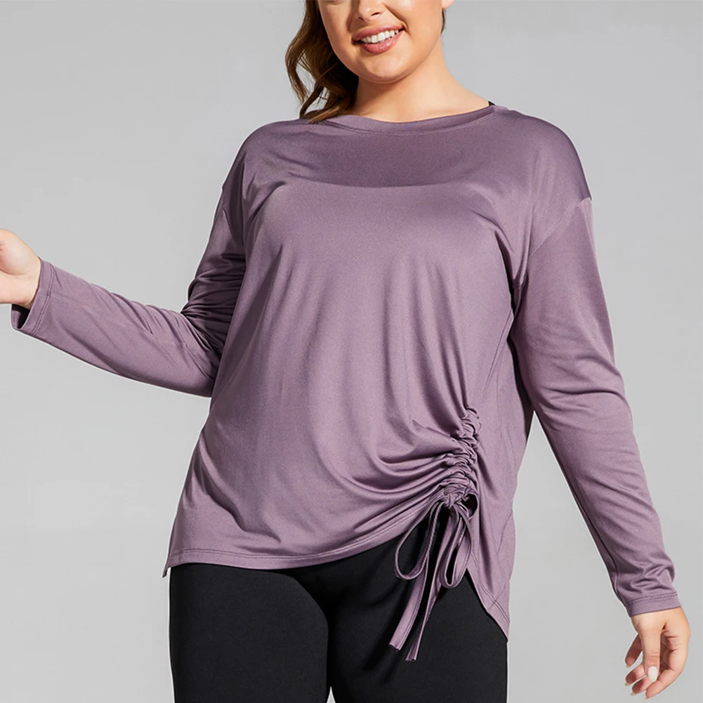 

4XL Plus Size Women Loose Fitness T-Shirt Long Sleeve Quick Dry Sports Top Drawstring Yoga Wear Comfort Running Sportwear A30