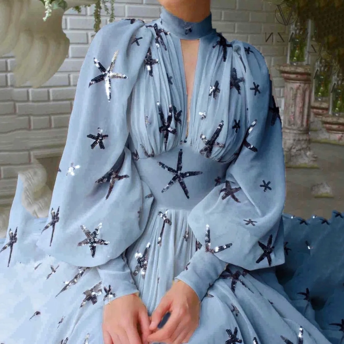 Women Print Chiffon Lantern Sleeve Party Dress 2023 New Long Stand Collar Corset Maxi Dress Female Elegant Formal Dresses