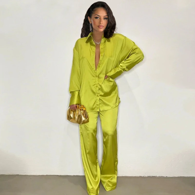 

Elegant Satin Women's Tracksuit Long Sleeve Shirt and Wide Leg Straight Pants Matching Sleepwear Two 2 Piece Set Outfits