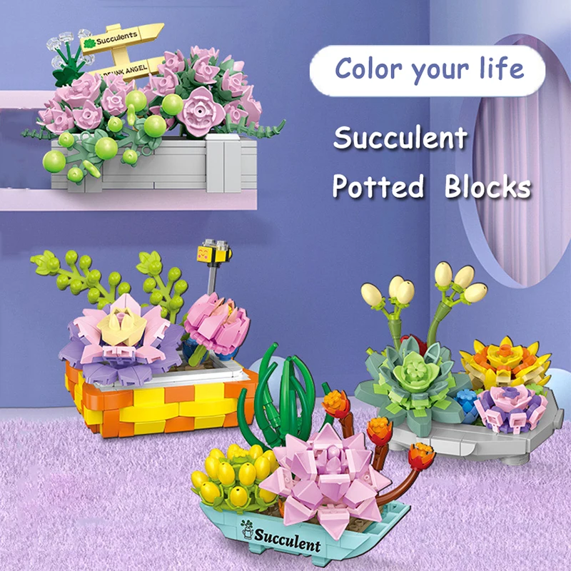 

Имитация горшечных строительных блоков, цветы и растения, суккуленты, 3D модель, украшение «сделай сам», мини-пазл, сборная детская игрушка, подарок