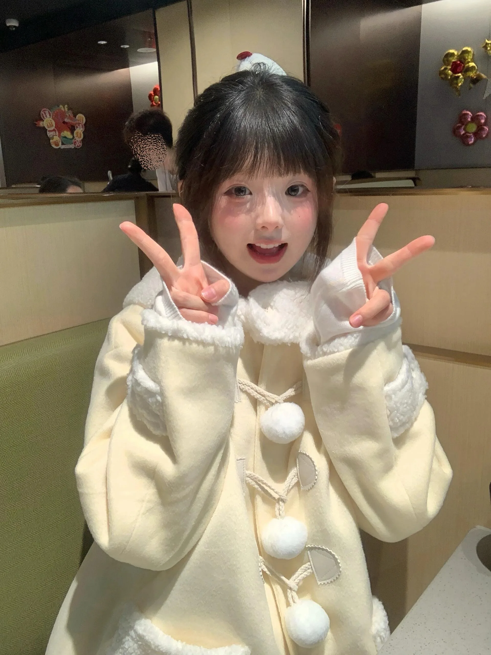 Korean Series Sweet Milky Yellow Furry Ball Woolen Hoodie Women Autumn and Winter Mid-Length Horn Buckle Coat |