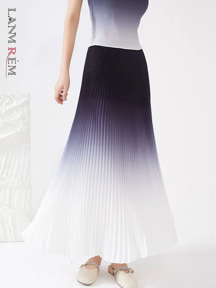 

LANMREM Elegant Pleated Gradient Midi Skirt For Women A-line Loose High Elastic Waist Female Fashion Clothing 2023 Autumn 2I748