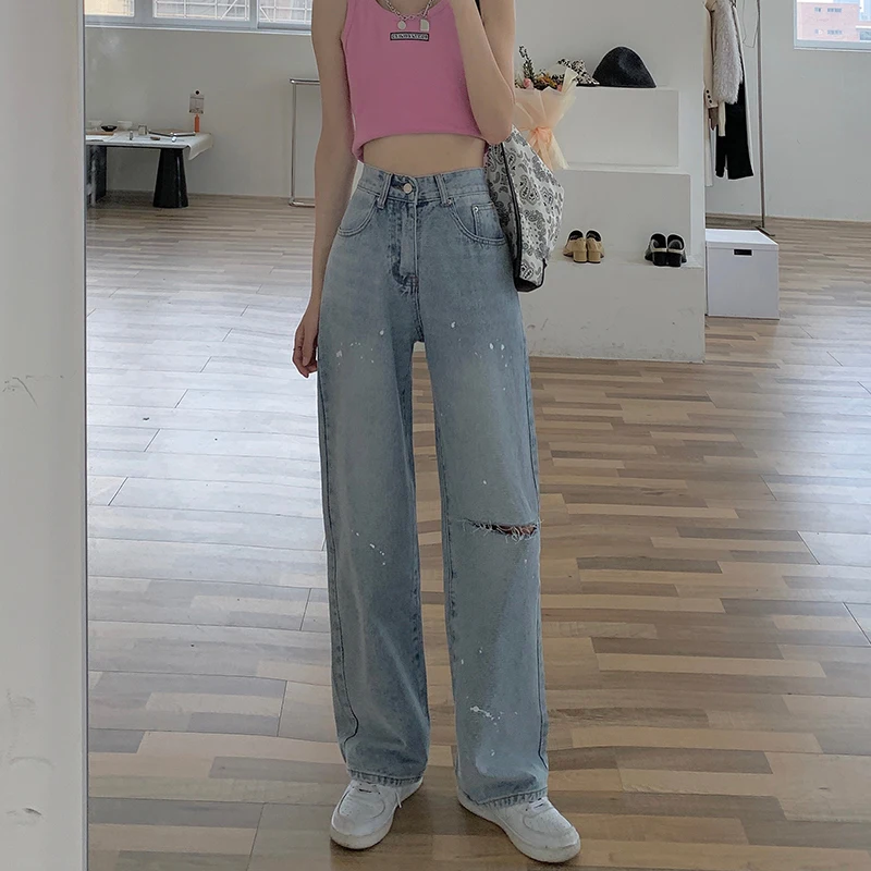 

N3264 Ripped denim wide-leg pants women's new loose high-waisted slim straight-leg mopping long pants jeans