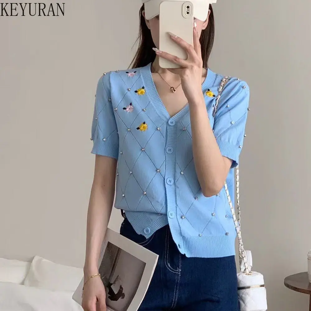 

Женский трикотажный кардиган с цветочной вышивкой, милый свитер с V-образным вырезом и коротким рукавом, трикотажный топ, лето 2023