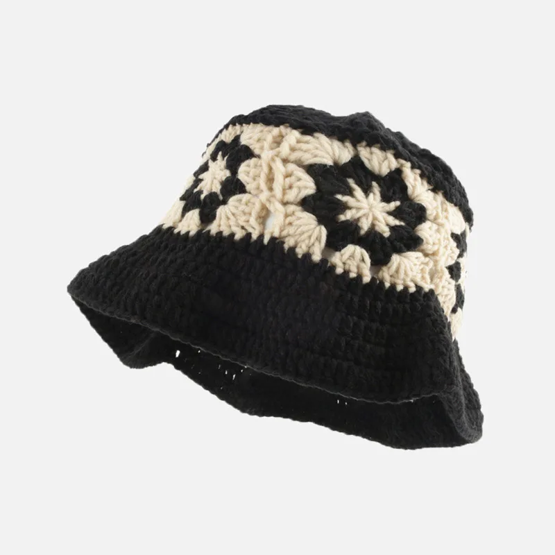Knitted Bucket Hat Retro Hollow Flower for Women Cotton Handmade Knitted Caps 2023 Autumn Winter кепка женская Beanie Gorras 모자