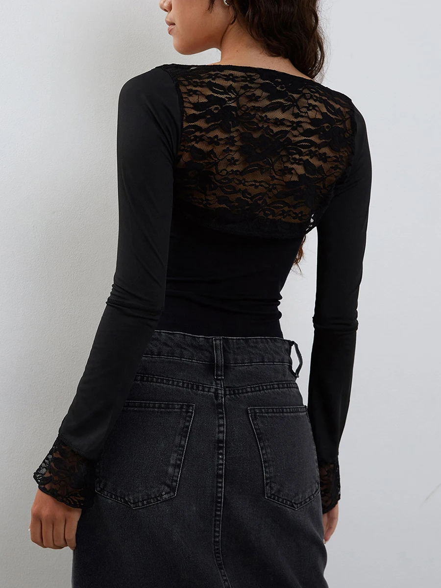 Женский кружевной топ Y2k с квадратным вырезом и длинным рукавом