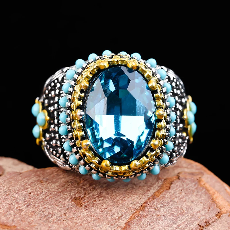 

Vintage Blue Crystal Stone Rings for Men Ancient Silver Color s Beads Ring Women Jewelry Wedding Party Luxury Gift Hot