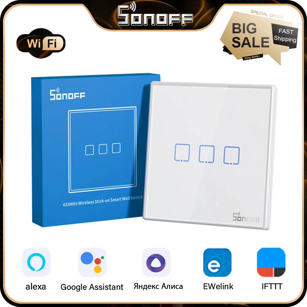 

Sonoff T2EU-RF 86 Тип Смарт Wifi настенный сенсорный выключатель с стеновой панелью липкий 433MHz 1/2/3 гангбеспроводной пульт дистанционного управления ...