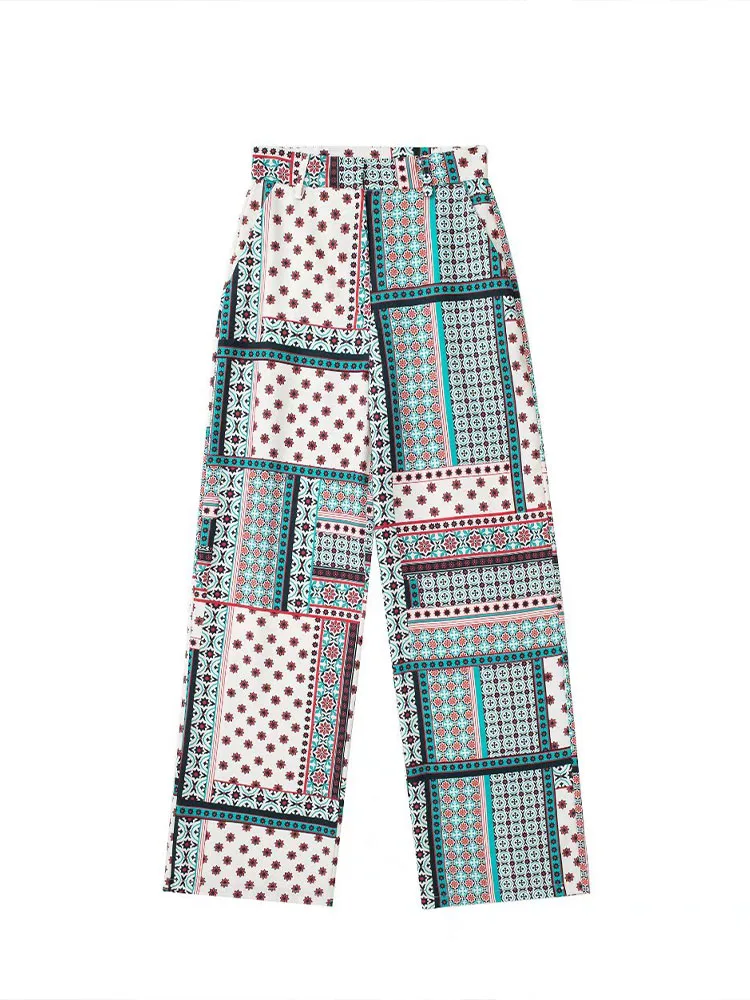 

Women 2022 Autumn New Fashion print Wide leg Pants Vintage High Waist Zipper side pocket Female Trousers Mujer