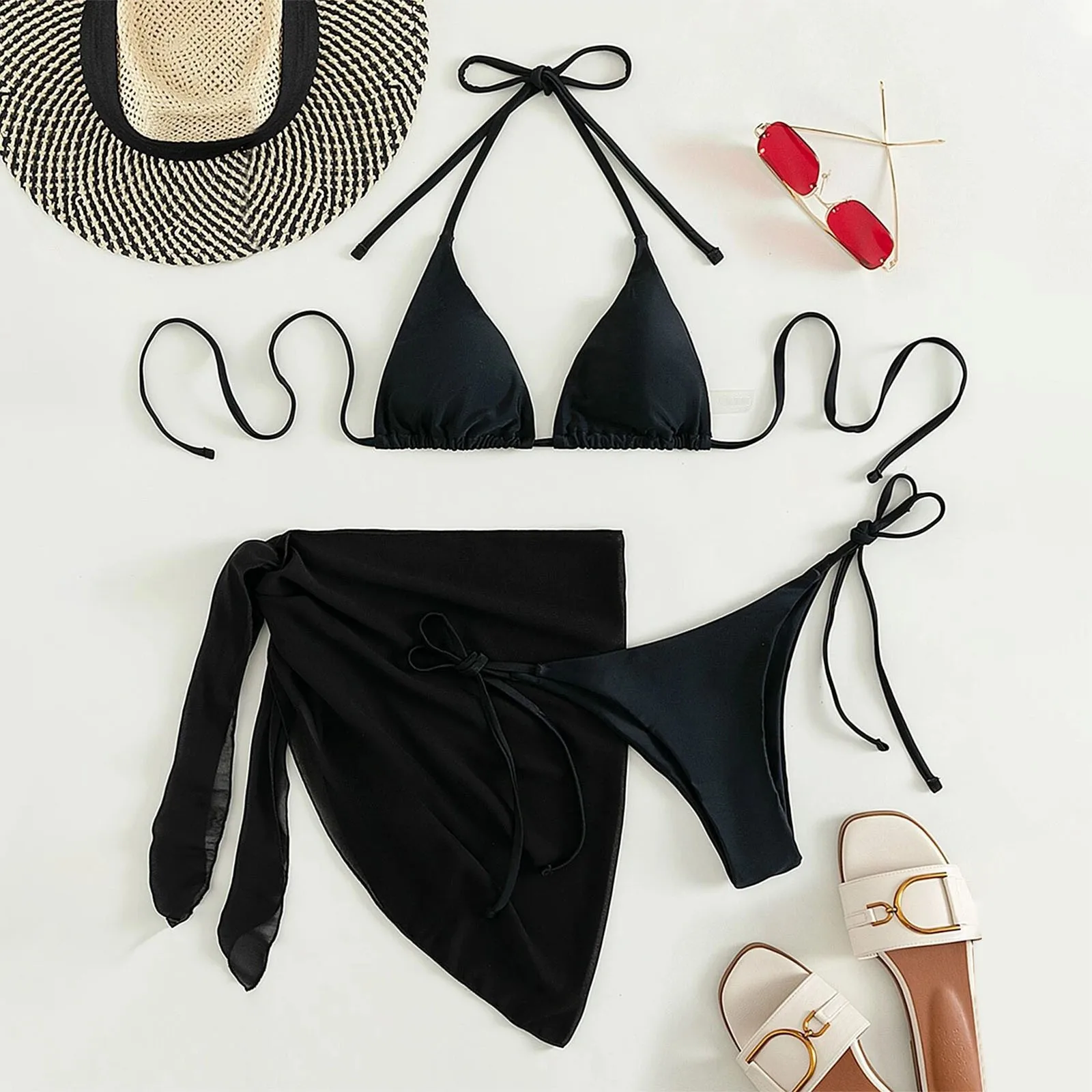 

Женский однотонный бандажный раздельный купальник, соблазнительный бикини с кольцами в рубчик, Цельный купальник-бикини, купальник из 3 пре...