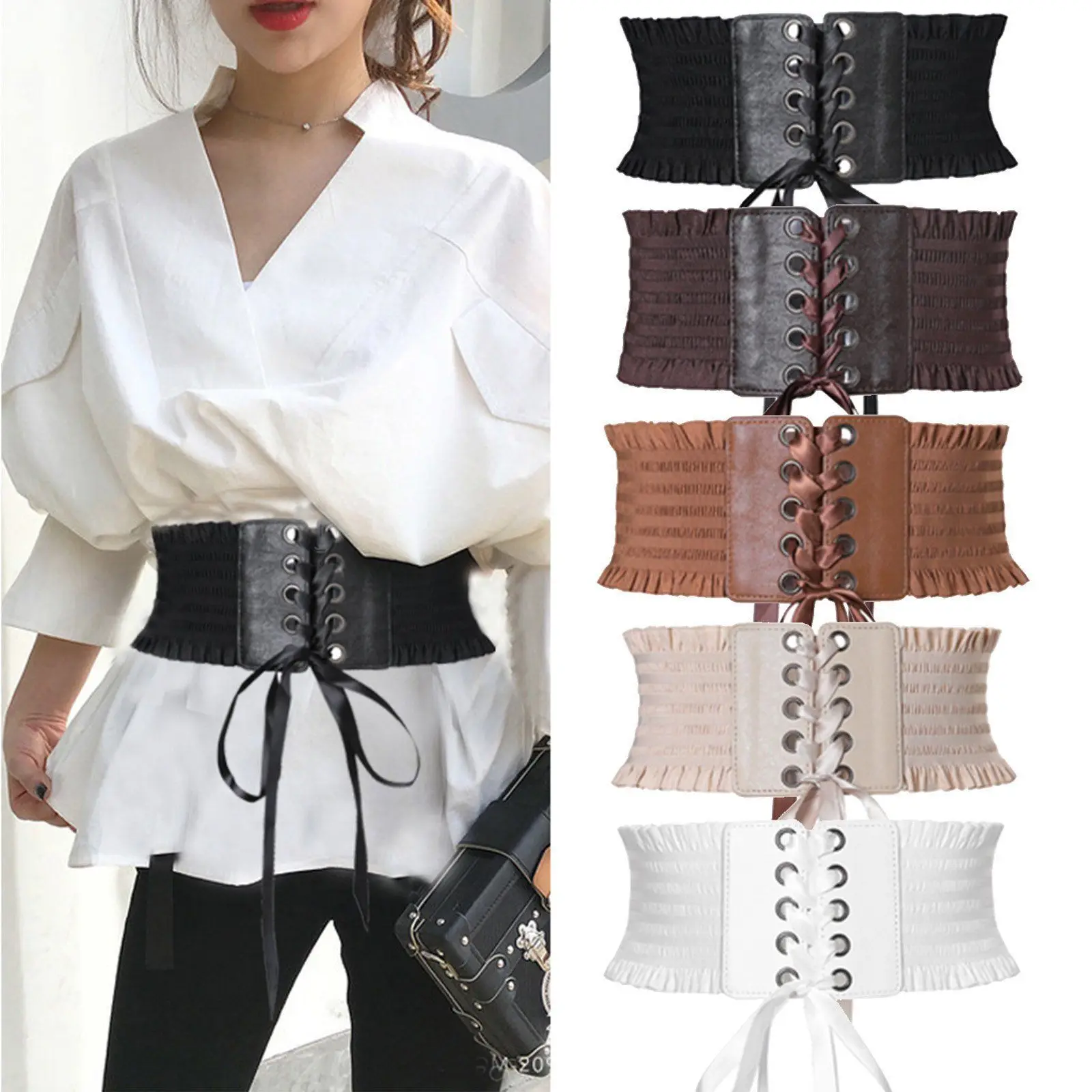 Women Wide Belt Decor Soft Satin Bowknot Wrap Around Tie Waistband Lace Up Eyelet Cotton Corset Belt Cinch Waist Wide Dress Belt