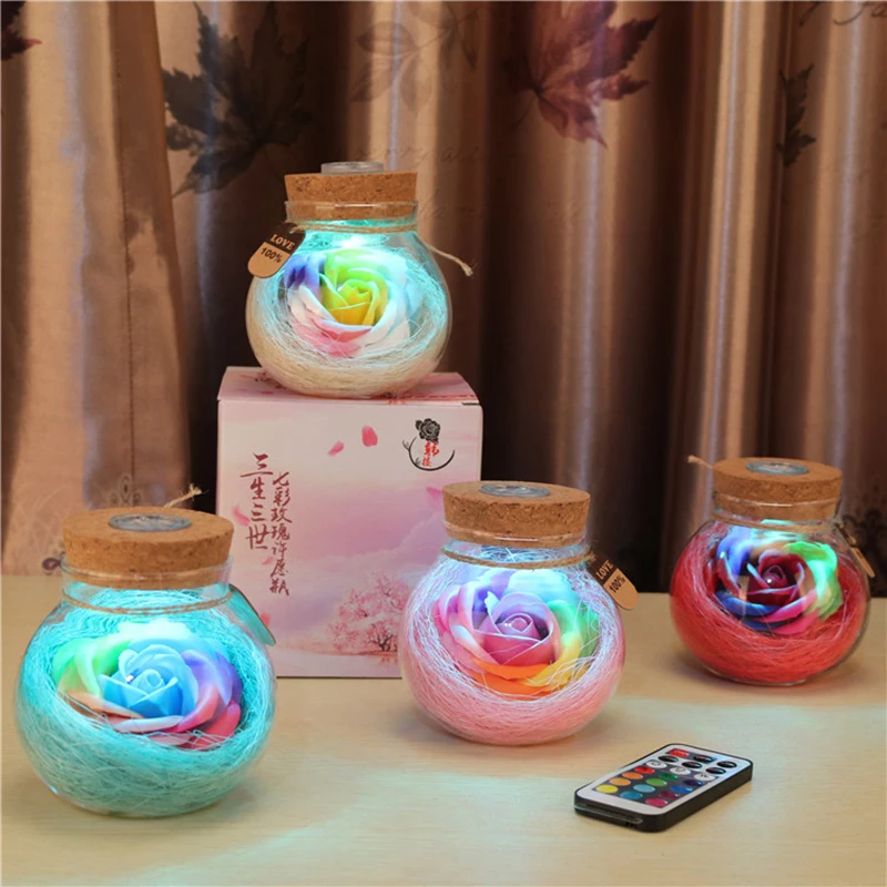 

Colorful Roses Glowing Glass Cover Artificial Flowers Valentines Day Gifts DIY Home Wedding Party Decoration