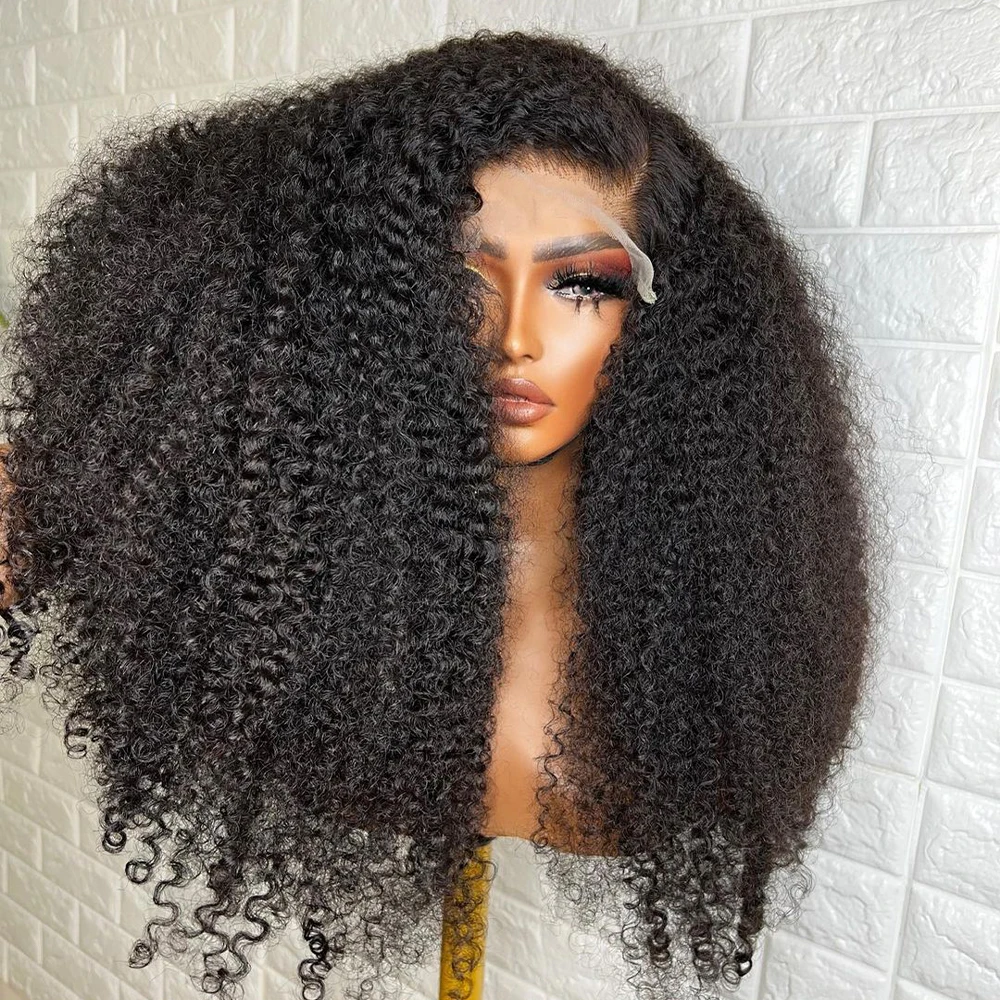 

Middle Part Soft Kinky Curly 26inch Long 180%Density Glueless Natural Black Lace Front Wig For Women Babyhair Pre Plucked Daily