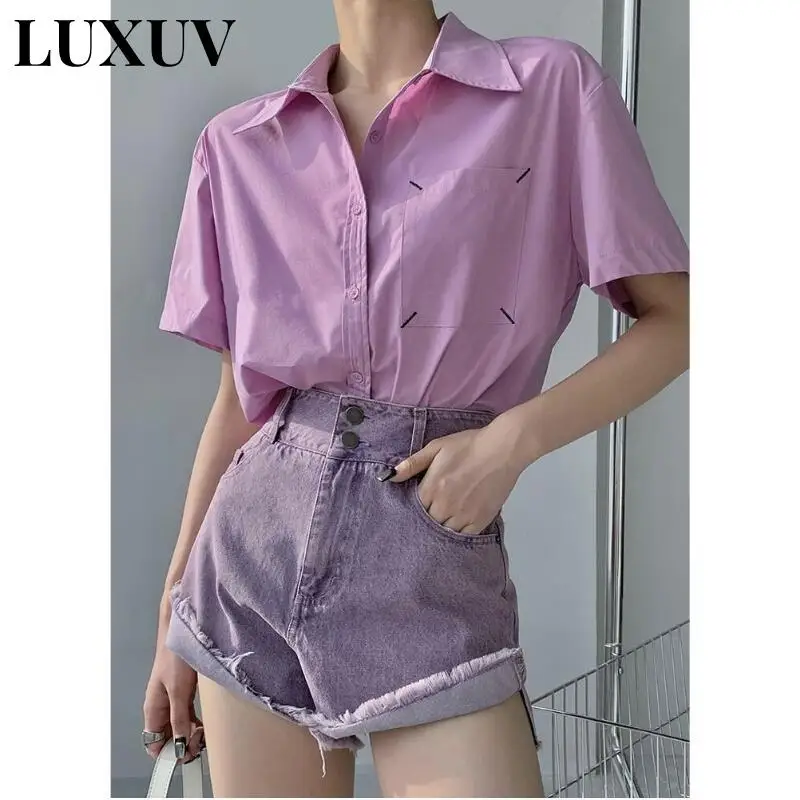 LUXUV Solid High Waisted Straight Jean Shorts Women 2023 Summer Casual Streetwear Ladies Pocket Rolled Hem Denim Shorts