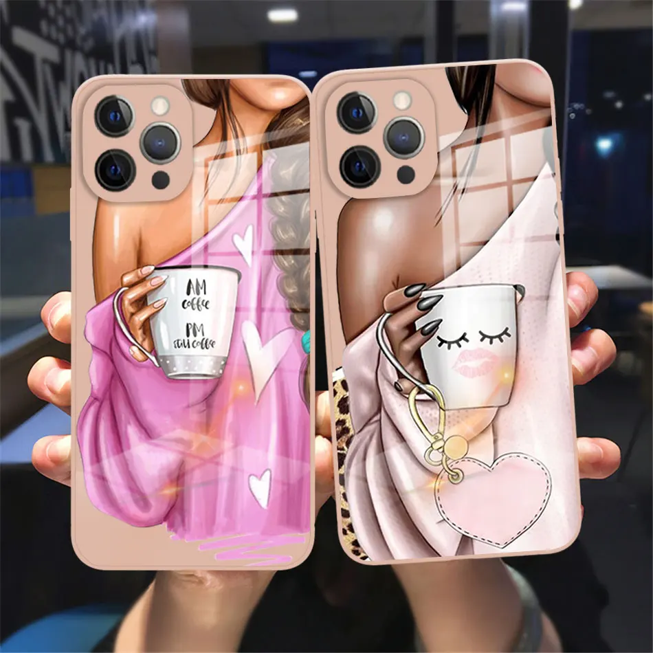 

Super mom Fashion girl Toughened glass Phone Case For iPhone11 12 13 Pro Max XR XS Max 8 7 Plus 13Mini luxury pink Back Cover