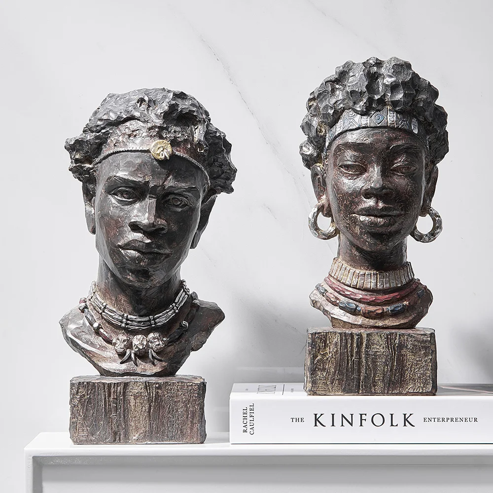 

African Retro Female Bust Art Sculpture Lady Head Figurine Wood Decoration Home Figure Statue Office Bookshelf Decor Ornaments