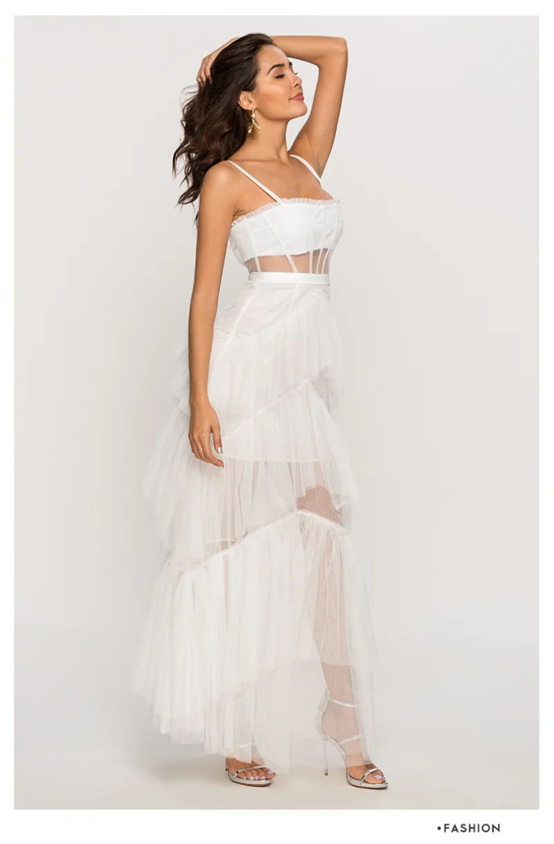 Banquet Gown for Women Wedding Party Dresses Spaghetti Strap Skirt Fashion  Lace Mesh Sleeveless Women's Prom Dress Vestidos