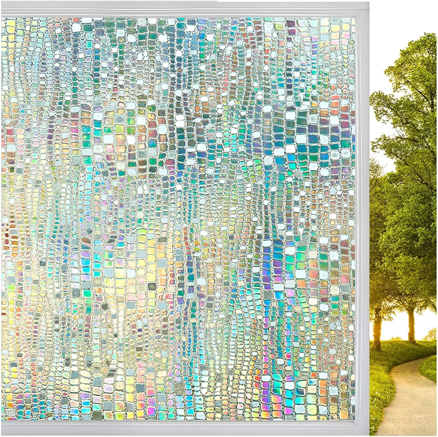 

Rainbow Privacy Window Film 3D Decorative Stained Glass Stickers Non-Adhesive Static Cling Glass Film for Home Office