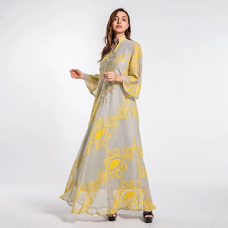 Abaya Muslim Ethnic Style Women's Beaded Appliqué Evening Dress Muslim Maxi Dresses for Women Long Dress