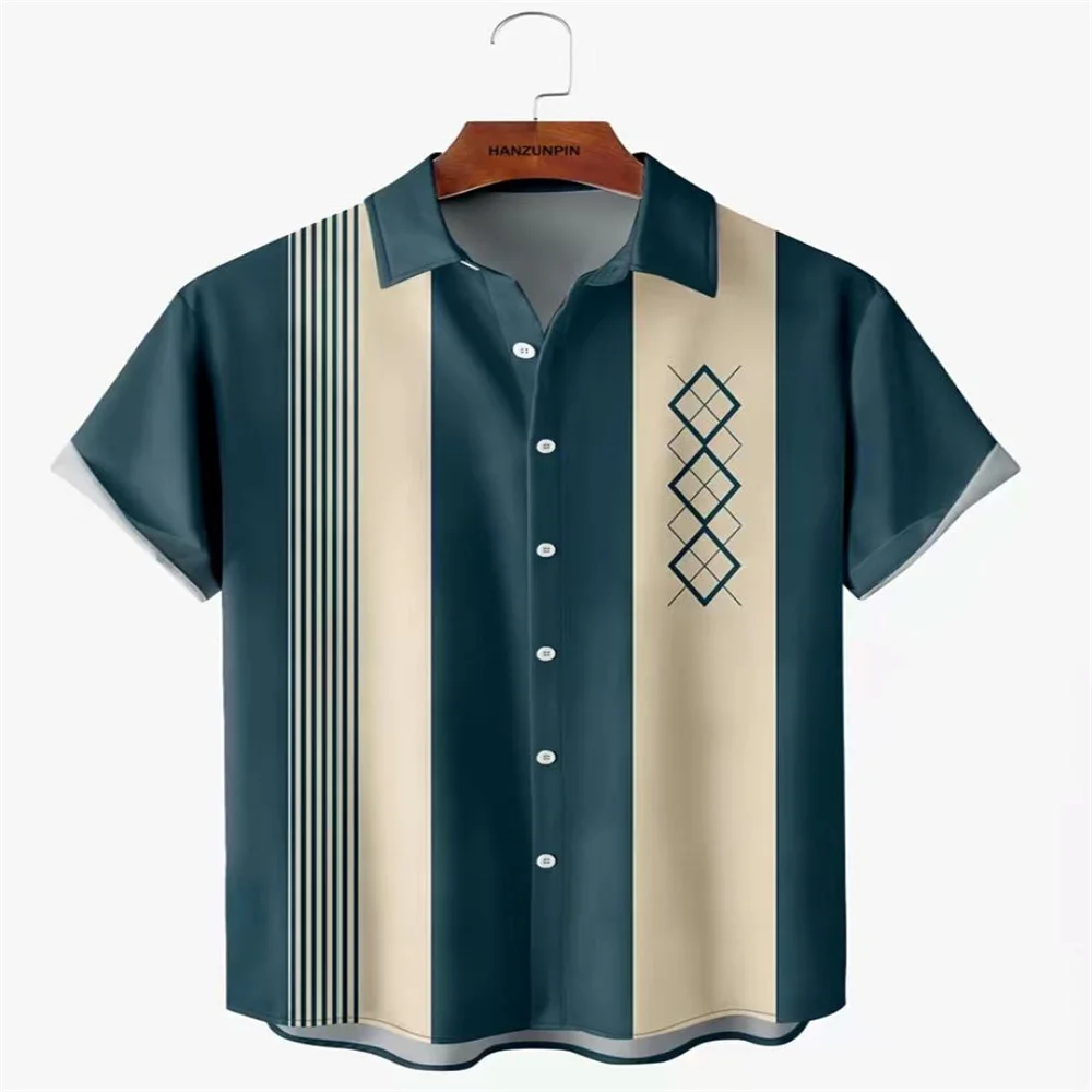 Men's For Shirt Minimalist Style Streetwear 3d Stripe Print Clothing Vintage Hip Hop Lapel Men Short Sleeve Shirt Hawaiian Tops