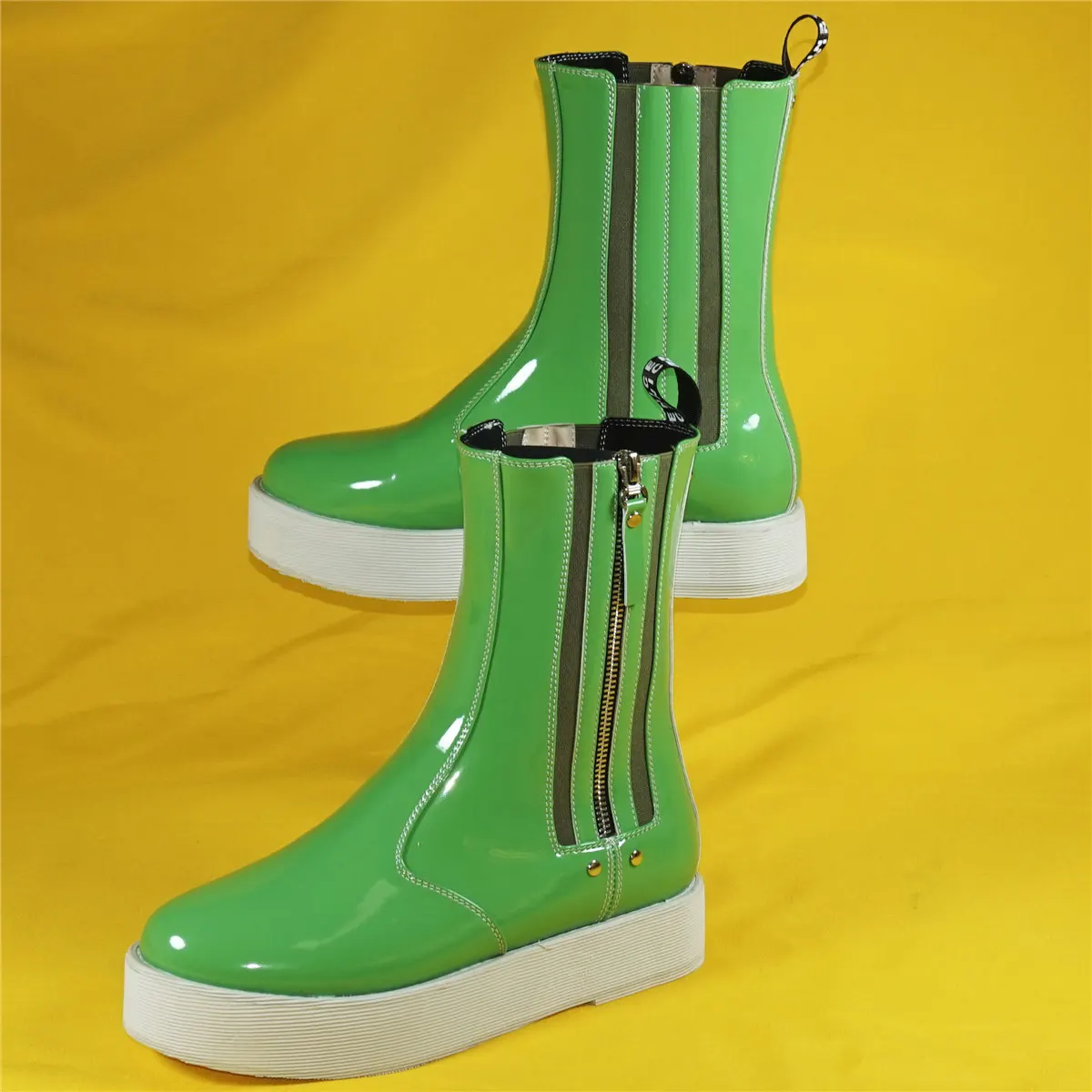 Chunky Platform Shoes Women Green Patent Leather Flat With Party Pumps Female High Top Round Toe Fashion Sneakers Casual Shoes