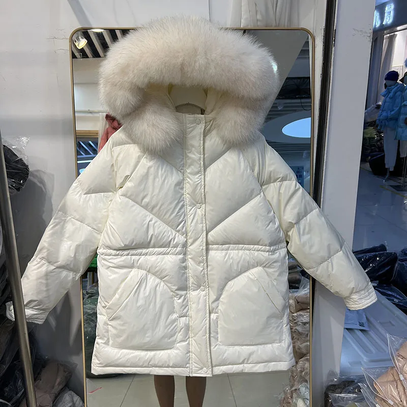 2022 New 90% White Duck Down Loose Real Fox Fur Collar  Winter  Hooded Down Jacket Women Coat  Luxury Warm Outerwear