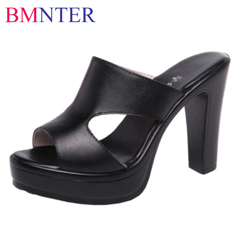 

Plus Size 32-43 Leather Thick Sole Platform Shoes Women Slippers Summer 2023 Sexy Block High Heels Slides for Office Daily