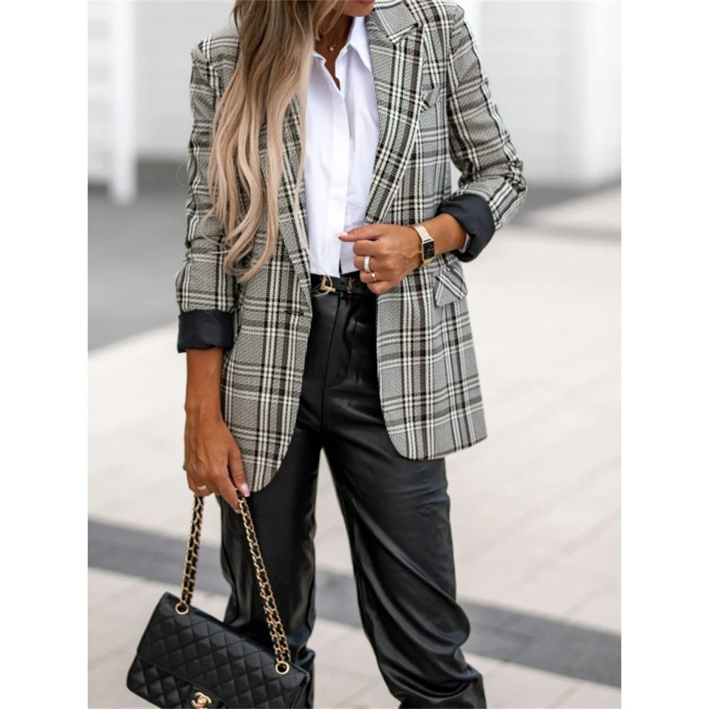 Elegant Women Plaid Blazers 2023 New Fashion Casual Business Long Sleeve Jacket Vintage Office Ladies Formal Blazers