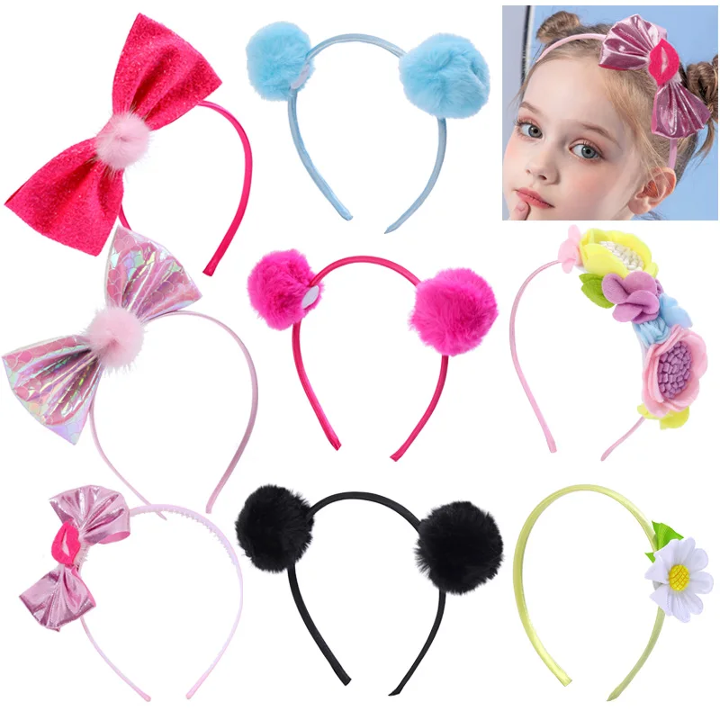

Модные повязки для волос для девочек, милые банты, обруч для волос, блестящие губы, принцесса, цветок, искусственные детские повязки для волос с меховыми шариками