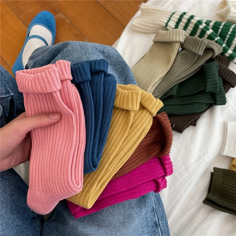 

Solid Autumn 2023 Breathable Women's Socks Long Winter Fashion Cotton Color Sports Socks Girls Casual Simple Retro Plain Comfort