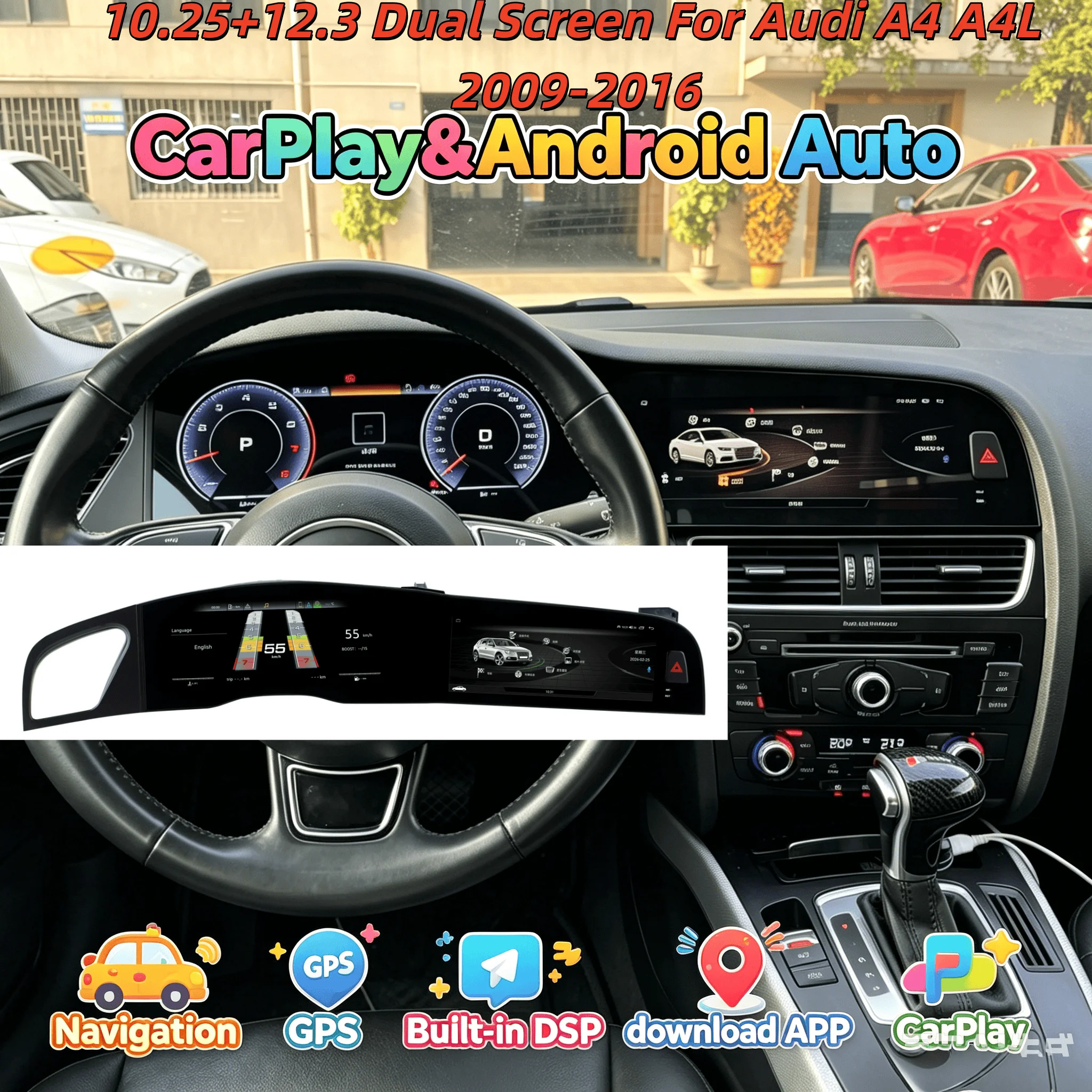 Фото Цифровая приборная панель с сенсорным экраном на Android 13.0 для Audi A4 A4L 2009-2016, мультимедийная система с CarPlay, двойным экраном, автомобильным радио, DSP и Bluetooth 5.0 №1