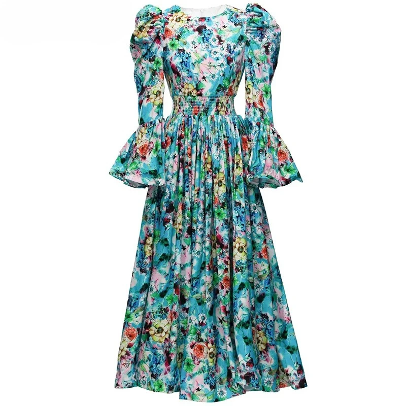 

Женское платье с цветочным принтом, элегантное весеннее платье с круглым вырезом и длинным рукавом-фонариком, платье с эластичным поясом, 2023