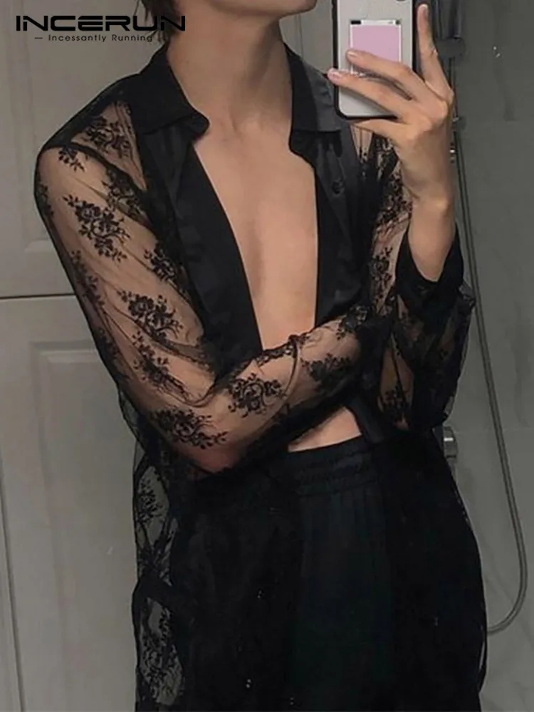 

Sexy Leisure Style New Men Lace Stitching Blouse INCERUN Tops 2022 Handsome Male Solid Color All-match Long-sleeved Shirts S-5XL