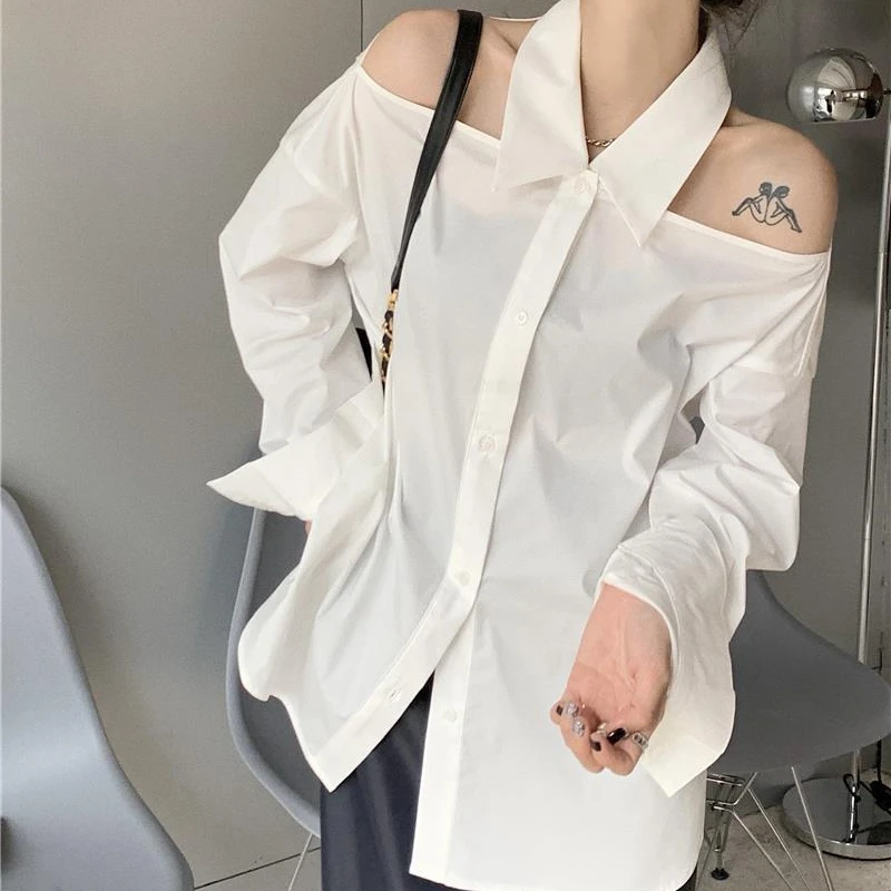 

Deeptown Women Blouses White Off Shoulder Oversized Korean Fashion Sexy Chic Aesthetic Shirts Elegant Female Tops Streetwear